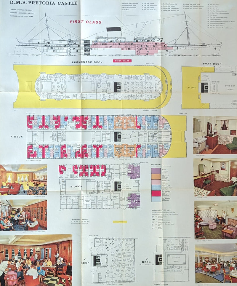 PRETORIA CASTLE: 1948 - 1962 deck plan w/ color interior photos