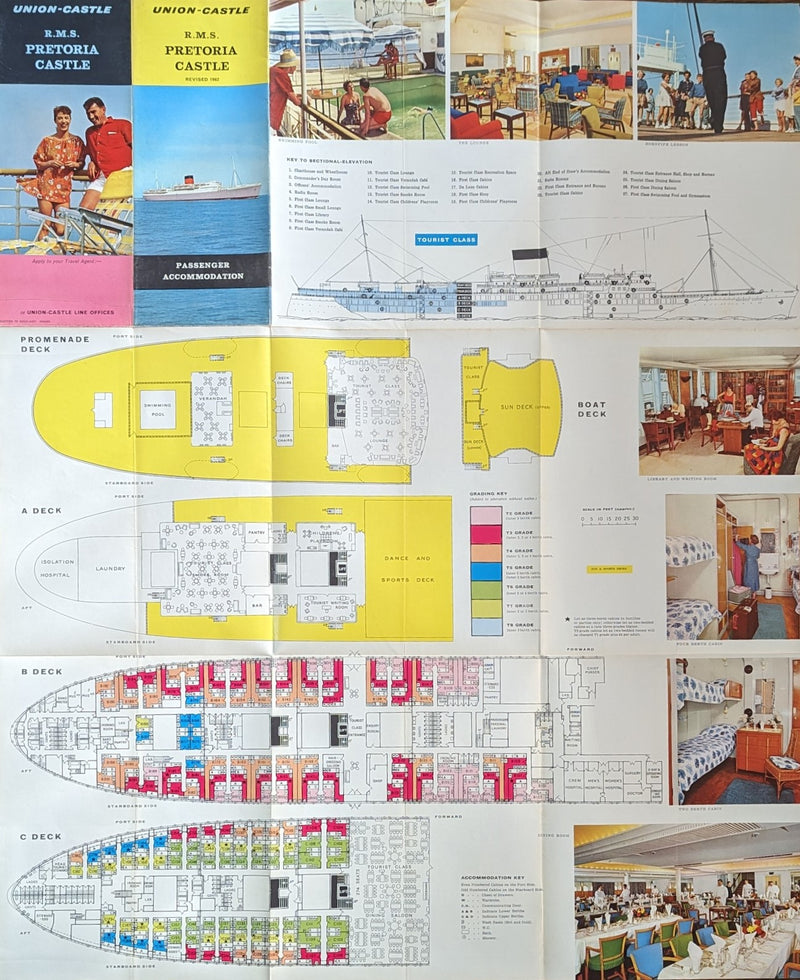 PRETORIA CASTLE: 1948 - 1962 deck plan w/ color interior photos