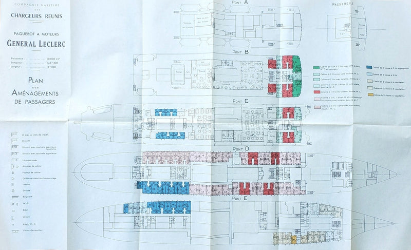 GENERAL LECLERC: 1951 - Color-coded 3-class deck plan