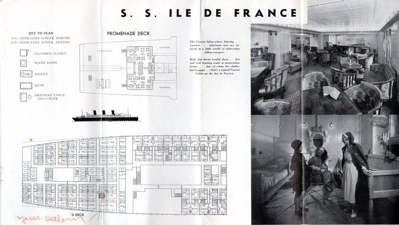 Various: pre-war - 1935 French Line Tourist Class deck plan booklet w/ 4 ships
