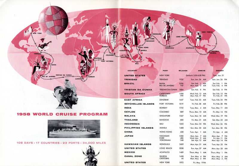 CARONIA: 1949 - World Cruise brochure + separate deck plan from 1958