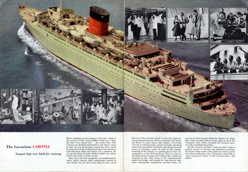 CARONIA: 1949 - World Cruise brochure + separate deck plan from 1958
