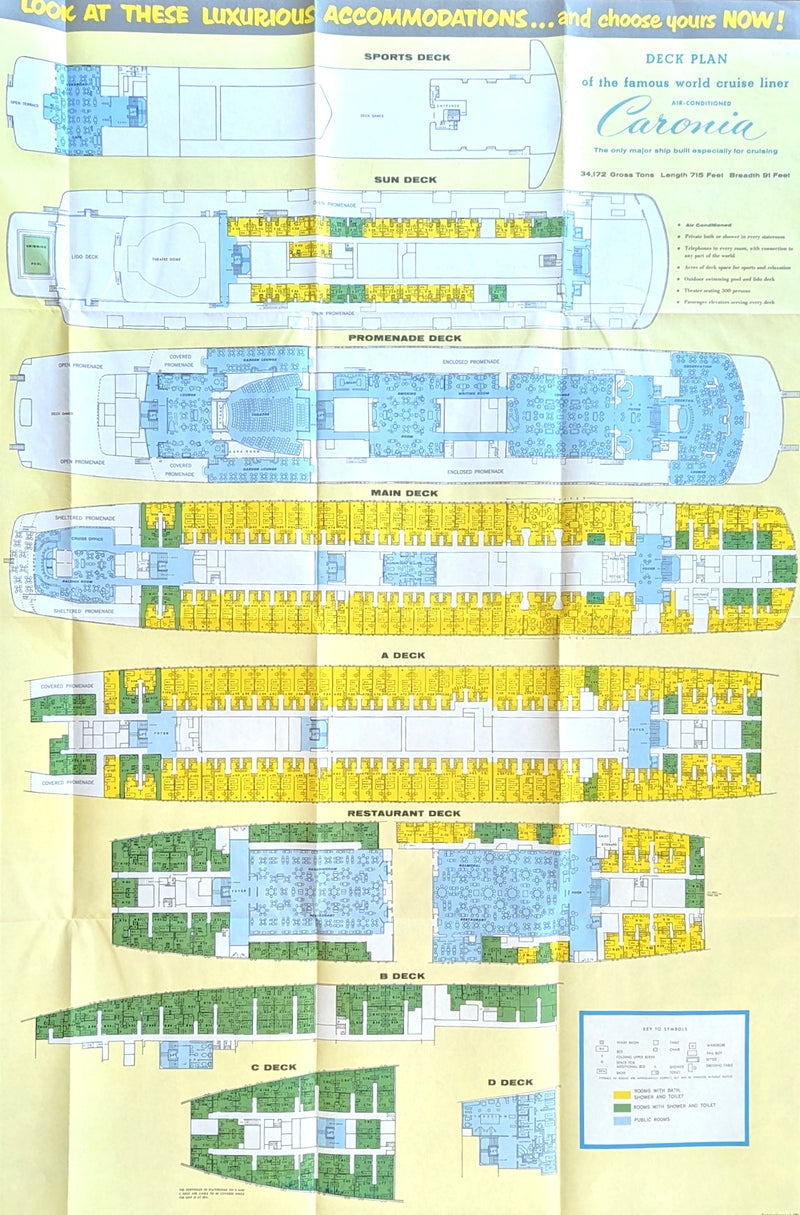 CARONIA: 1949 - World Cruise brochure + separate deck plan from 1958