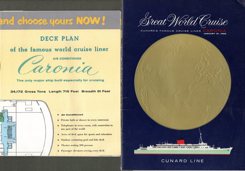 CARONIA: 1949 - World Cruise brochure + separate deck plan from 1958
