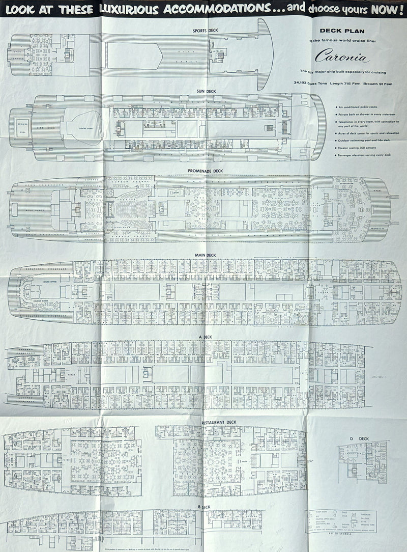 CARONIA: 1949 - North Cape cruise brochure 1960 + separate deck plan