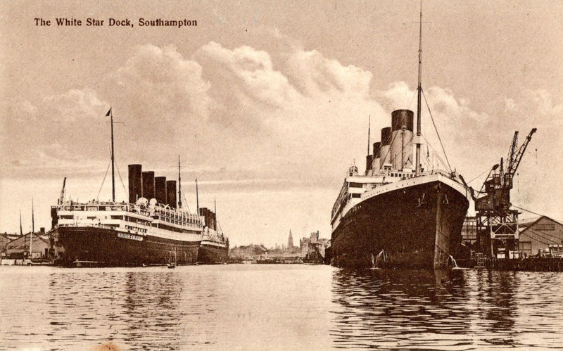 OLYMPIC: 1911 - Postcard view Southampton docks w/ Cunarders