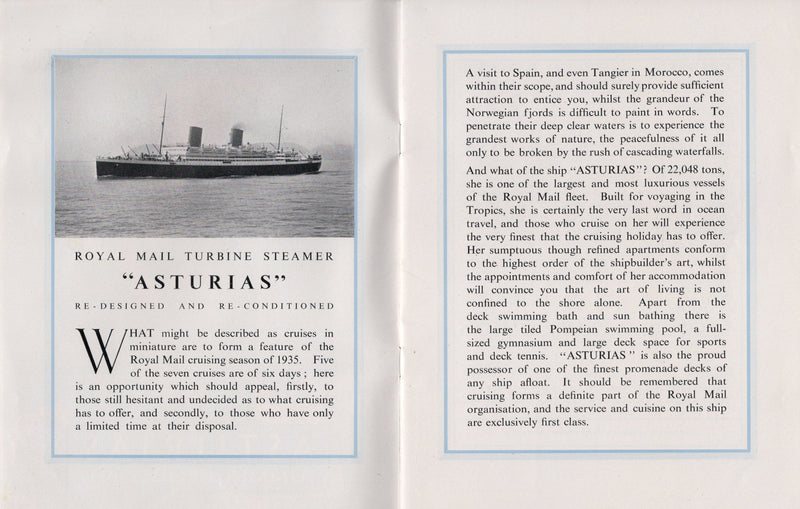 ASTURIAS: 1926 - Brochure & separate deck plan for 1935 cruises