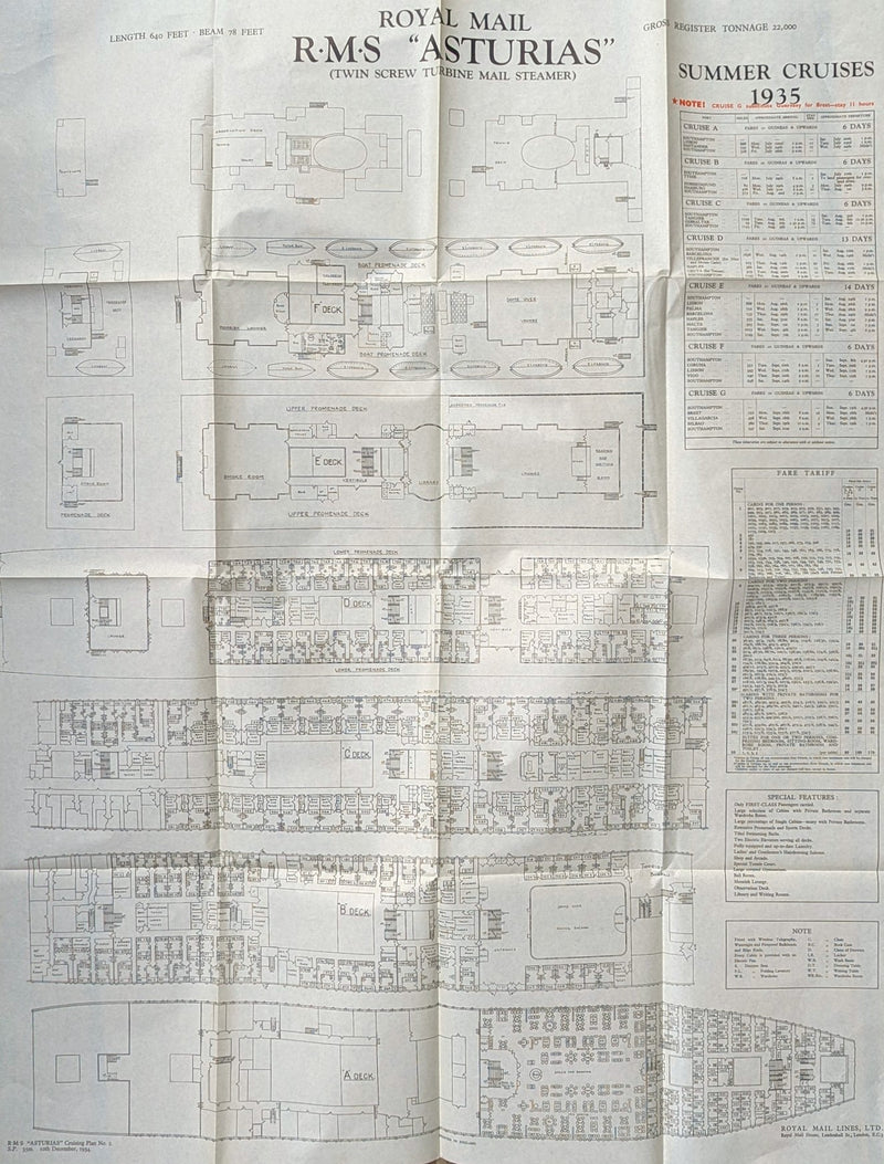 ASTURIAS: 1926 - Brochure & separate deck plan for 1935 cruises