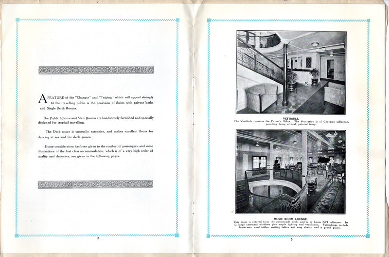 CHANGTE & TAIPING - 1925 intro interiors brochure & separate deck plan
