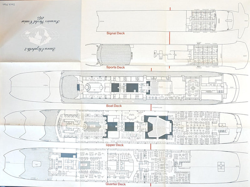 QE2: 1969 - Premier World Cruise in 1975 deluxe brochure & special deck plan