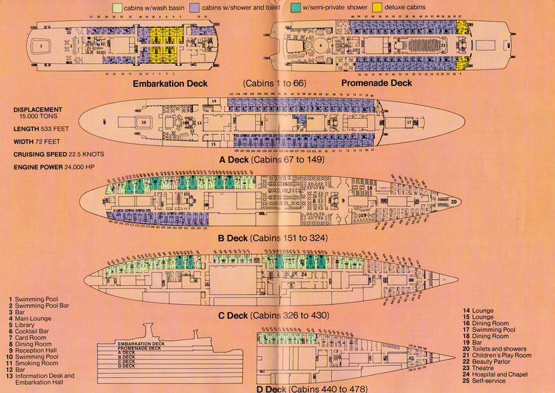 ANCERVILLE: 1962 - 1972 cruise brochure w/ deck plans