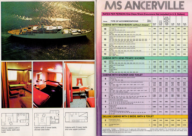 ANCERVILLE: 1962 - 1972 cruise brochure w/ deck plans