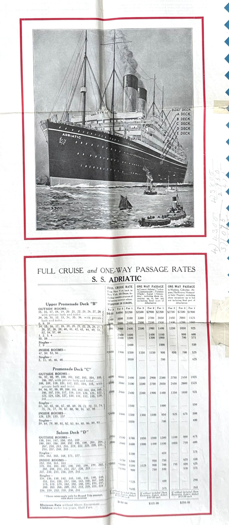 ADRIATIC: 1907 - Colorful cruise brochure & deck plans from 1929