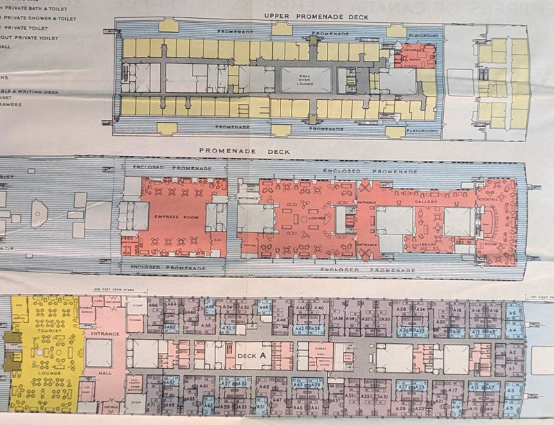 EMPRESS OF FRANCE & EMPRESS OF CANADA - Color-coded plan w/ photos before fire