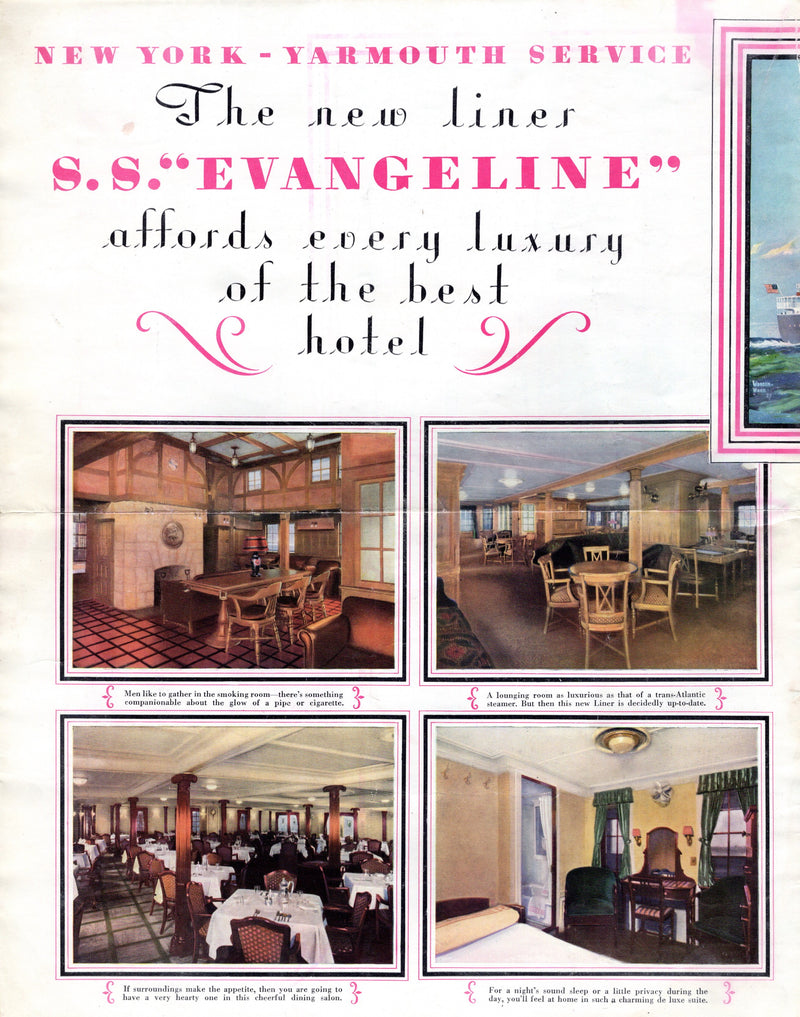 EVANGELINE: 1927 - Colorful 1928 brochure w/ interiors & big deck plans
