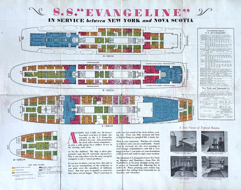 EVANGELINE: 1927 - Colorful 1928 brochure w/ interiors & big deck plans