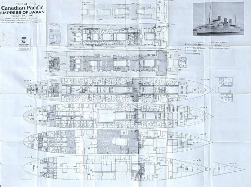 EMPRESS OF JAPAN: 1930 - Large 1938 deck plan w/ interior photos