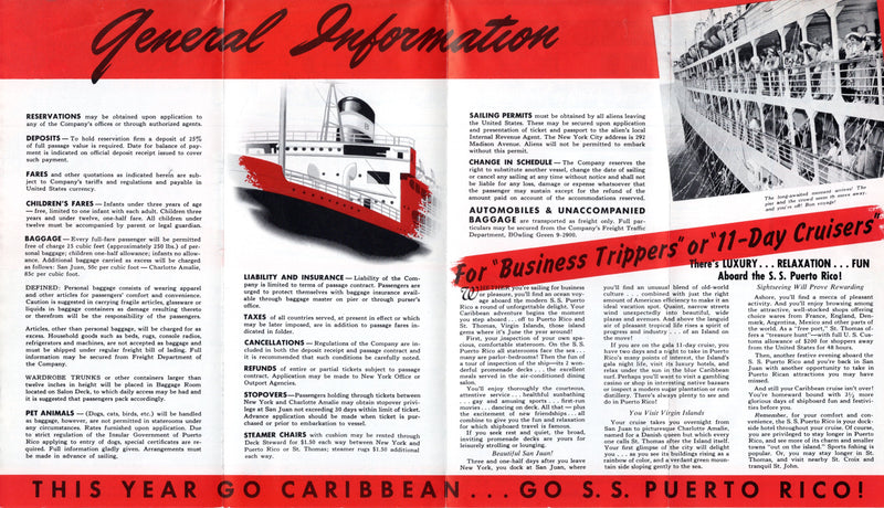 PUERTO RICO: 1931 - Bull Lines brochure w/ deck plans from 1952
