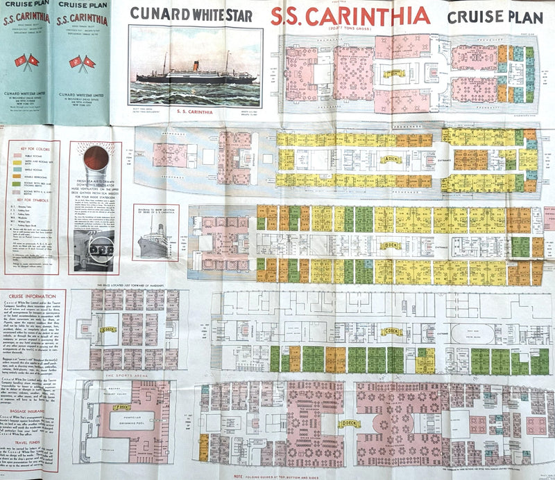 CARINTHIA: 1925 - Large color-coded cruise plan from 1936