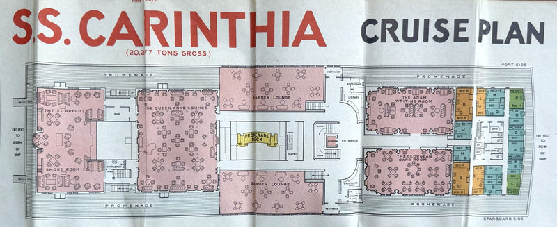 CARINTHIA: 1925 - Large color-coded cruise plan from 1936