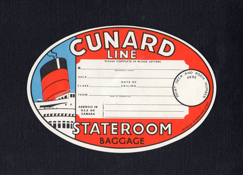 Various Ships - Iconic 1950s Cunard baggage sticker w/ QUEENS funnel