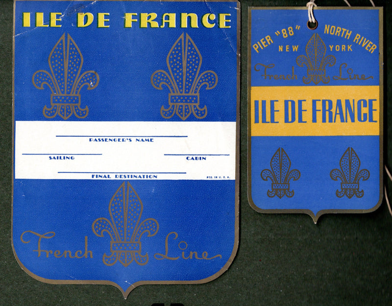 ILE DE FRANCE: 1927 - Original shield baggage sticker & tag from 1930s