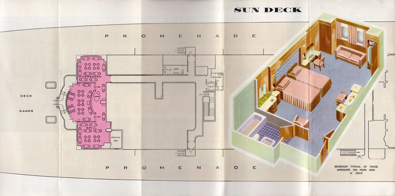 QUEEN MARY: 1936 - Great deck plan! First Class w/ color photos from 1950s/60s
