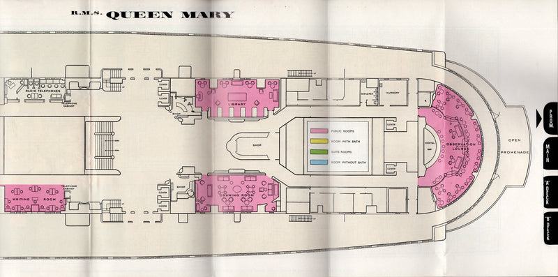 QUEEN MARY: 1936 - Great deck plan! First Class w/ color photos from 1950s/60s