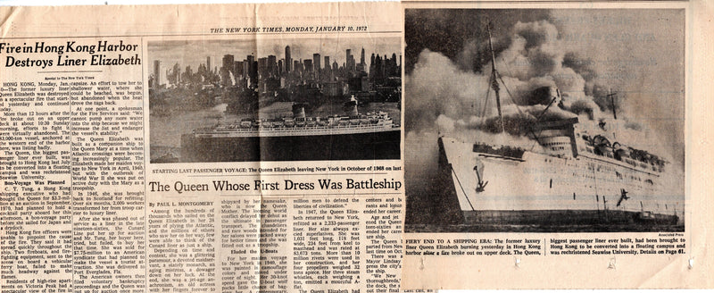 QUEEN ELIZABETH/SEAWISE UNIVERSITY: 1940 - Have-to-happen maiden cruse brochure + fire clippings