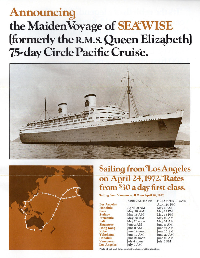 QUEEN ELIZABETH/SEAWISE UNIVERSITY: 1940 - Have-to-happen maiden cruse brochure + fire clippings