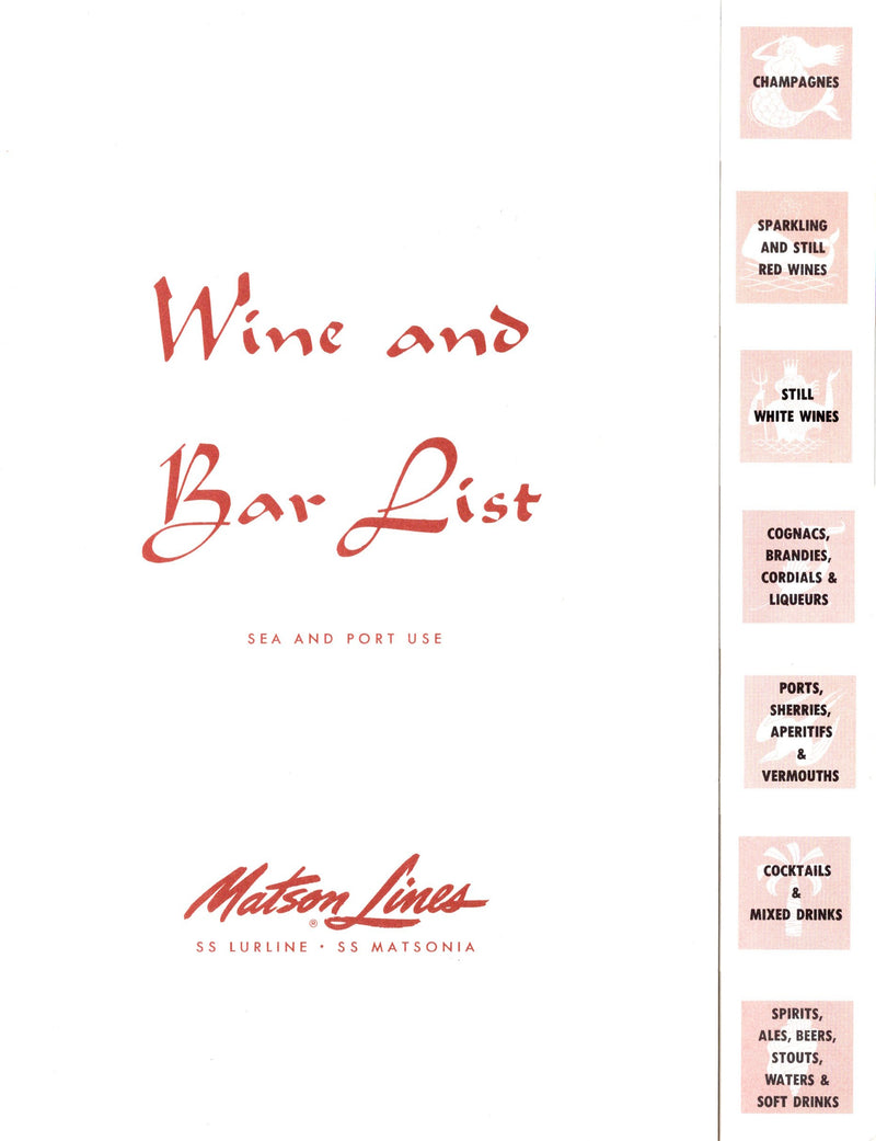LURLINE & MATSONIA - 1959 wine menu w/ lovely Macintosh cover