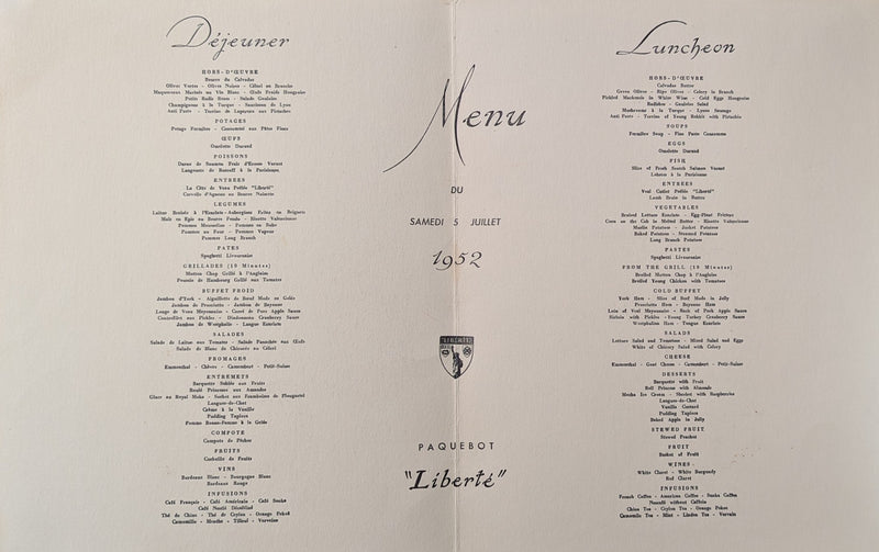 LIBERTE: 1930 - 3 First Class menus from July 1952 crossing