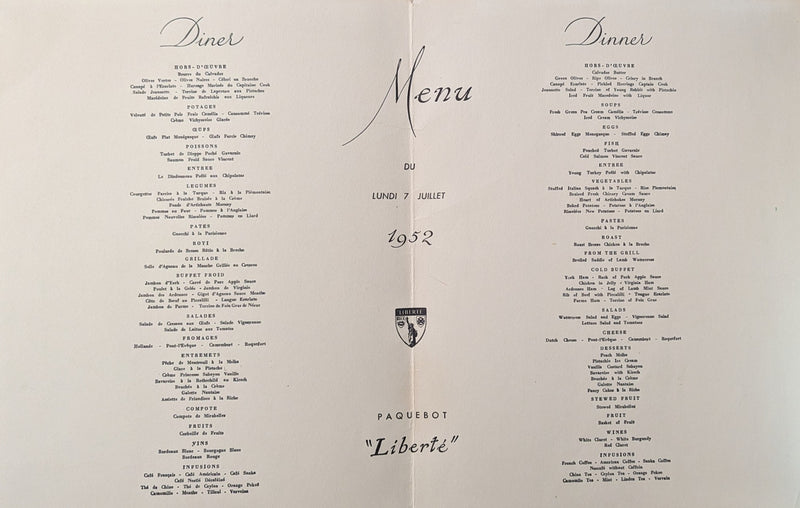 LIBERTE: 1930 - 3 First Class menus from July 1952 crossing