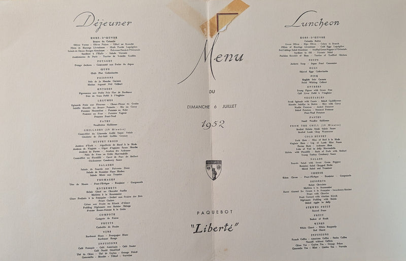 LIBERTE: 1930 - 3 First Class menus from July 1952 crossing