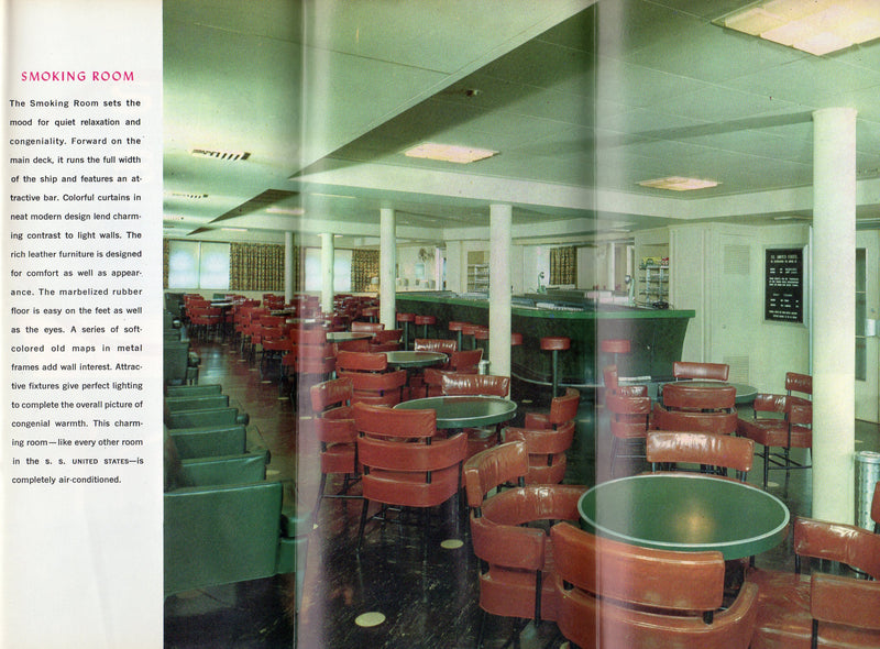 UNITED STATES: 1952 - Tourist Class deck plan w/ color interiors from 1960s