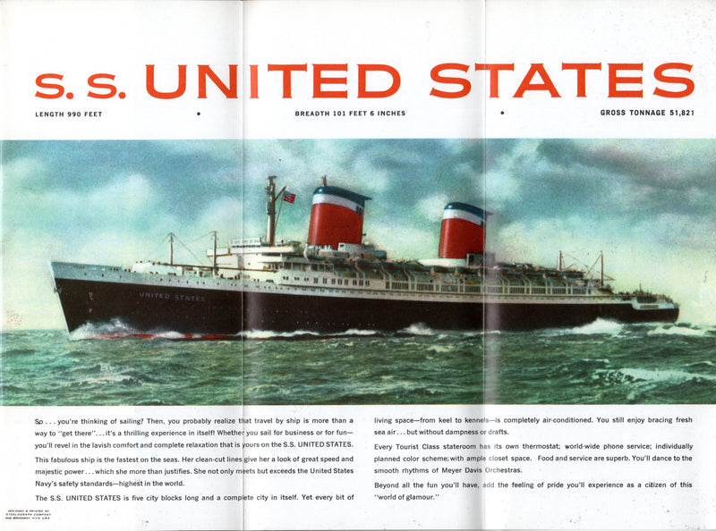 UNITED STATES: 1952 - Tourist Class deck plan w/ color interiors from 1960s