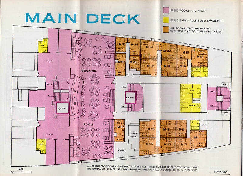 UNITED STATES: 1952 - Tourist Class deck plan w/ color interiors from 1960s