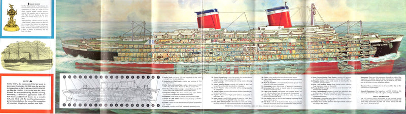 UNITED STATES: 1952 - Deluxe, all-class deck plan w/ color interiors