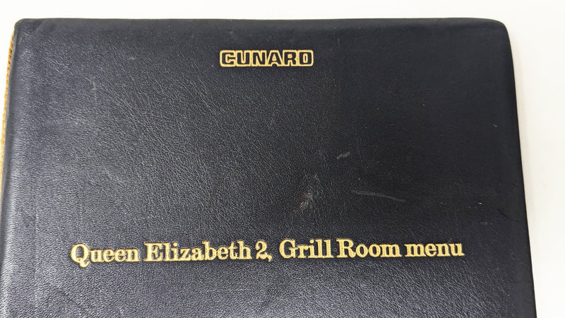 QE2: 1969 - Padded leather Grill Room menu cover w/ menu
