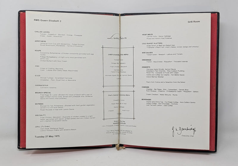 QE2: 1969 - Padded leather Grill Room menu cover w/ menu