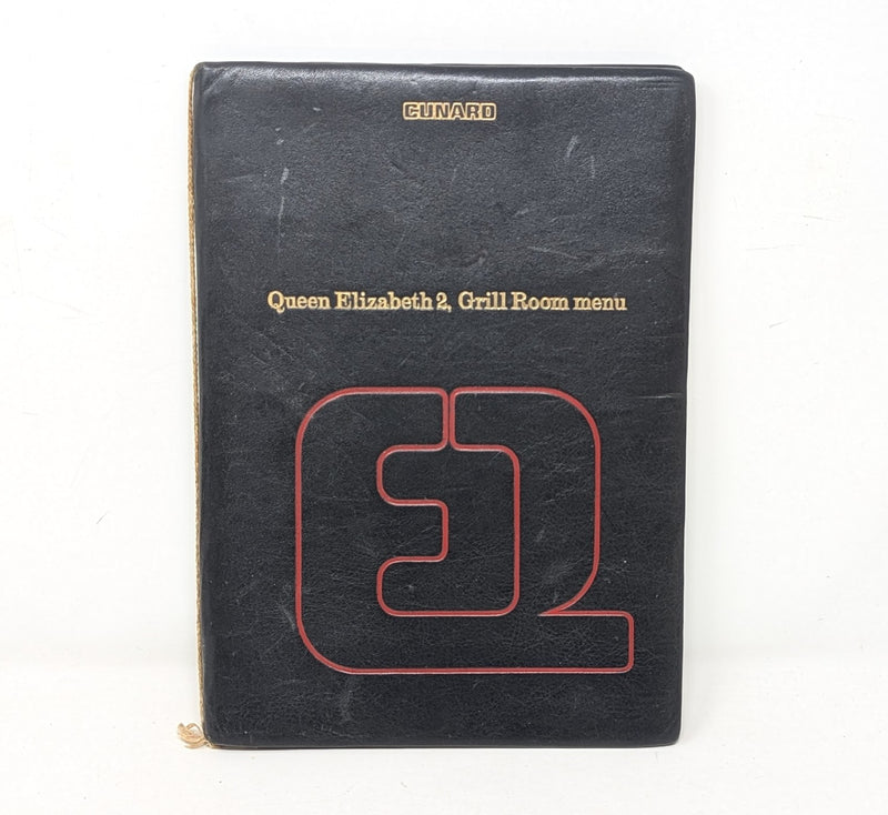 QE2: 1969 - Padded leather Grill Room menu cover w/ menu