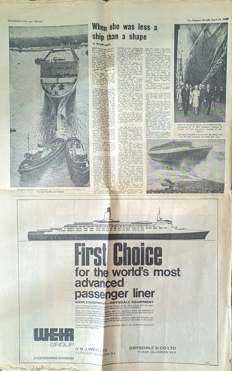 QE2: 1969 - Special Glasgow Herald maiden voyage supplement w/ original envelope