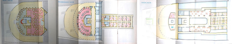 NORMANDIE: 1935 - Tourist Class isometric deck plan w/ interiors from '36