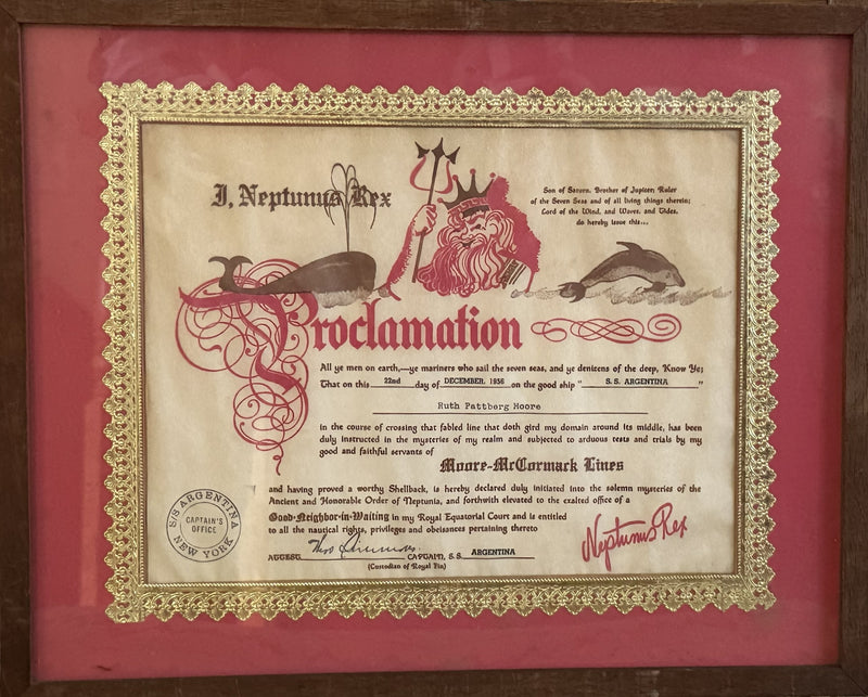 ARGENTINA: 1929 - Framed fancy crossing-the-line certificate from 1956