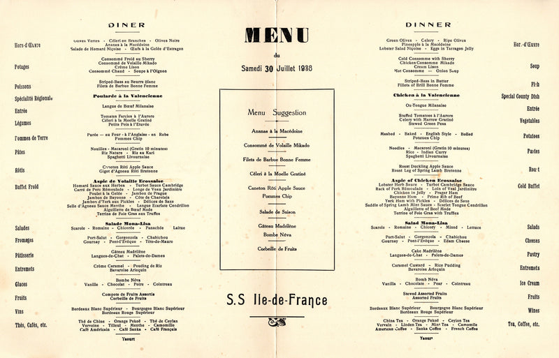 ILE DE FRANCE: 1927 - First Class dinner menu