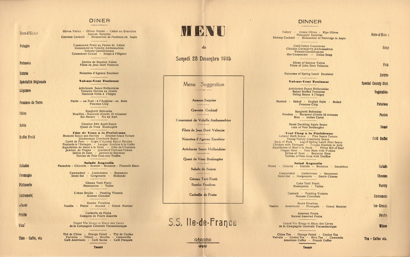 ILE DE FRANCE: 1927 - First Class dinner menu from December 1935