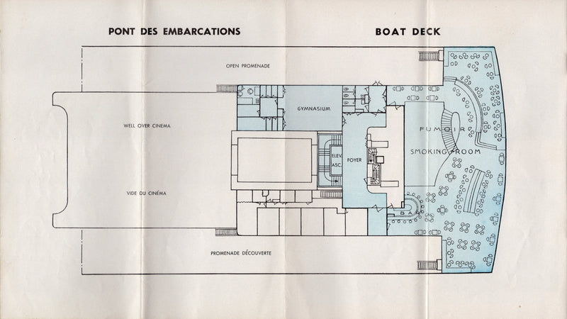 ILE DE FRANCE: 1927 - Cabin Class deck plan w/ interiors from 1950s