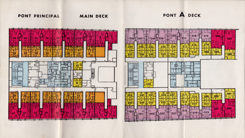 ILE DE FRANCE: 1927 - Cabin Class deck plan w/ interiors from 1950s