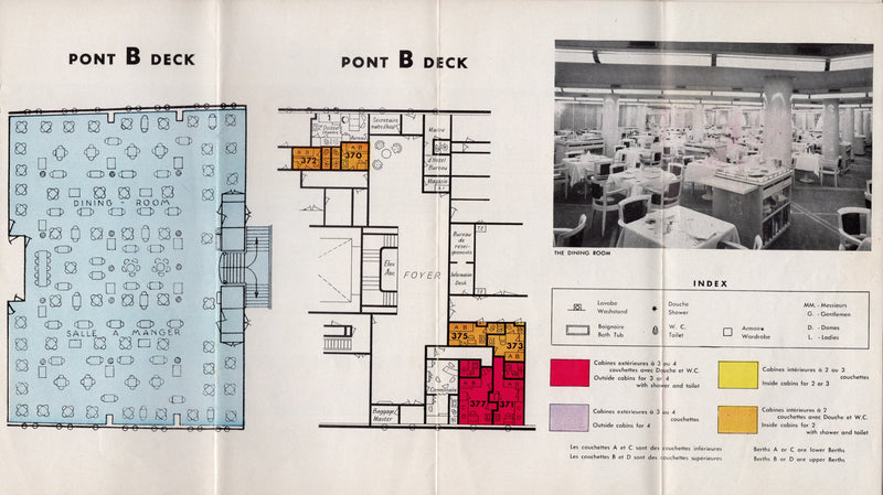 ILE DE FRANCE: 1927 - Cabin Class deck plan w/ interiors from 1950s