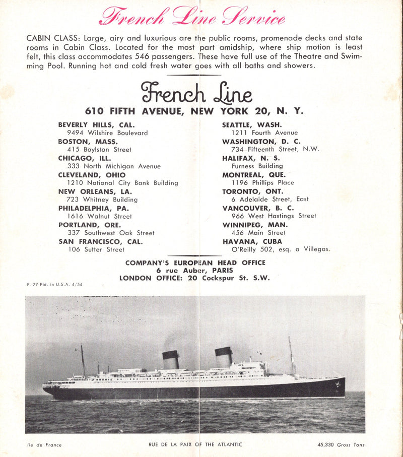 ILE DE FRANCE: 1927 - Cabin Class deck plan w/ interiors from 1950s